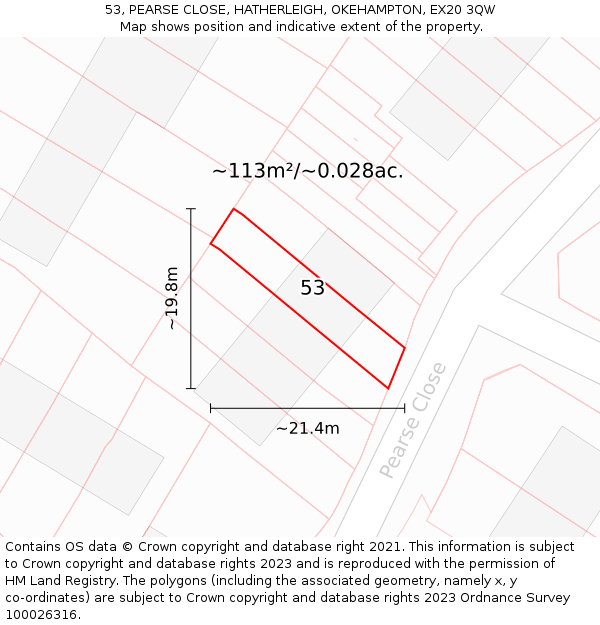 53, PEARSE CLOSE, HATHERLEIGH, OKEHAMPTON, EX20 3QW: Plot and title map