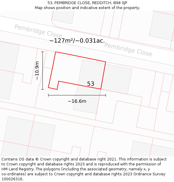 53, PEMBRIDGE CLOSE, REDDITCH, B98 0JP: Plot and title map