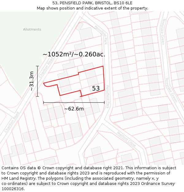 53, PENSFIELD PARK, BRISTOL, BS10 6LE: Plot and title map