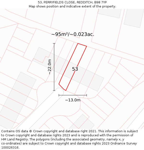 53, PERRYFIELDS CLOSE, REDDITCH, B98 7YP: Plot and title map