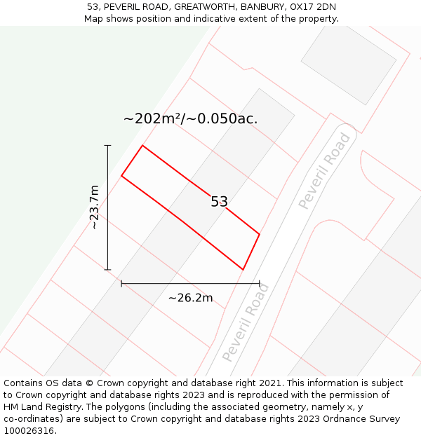 53, PEVERIL ROAD, GREATWORTH, BANBURY, OX17 2DN: Plot and title map