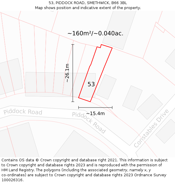 53, PIDDOCK ROAD, SMETHWICK, B66 3BL: Plot and title map
