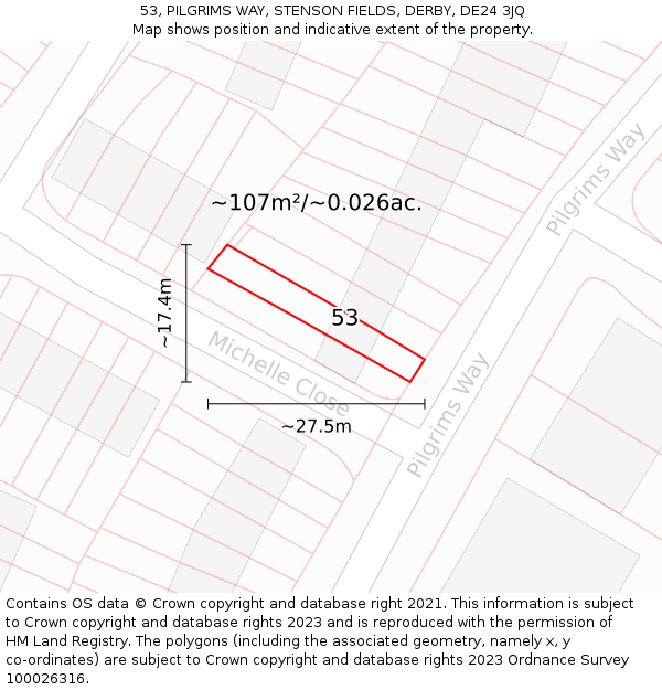 53, PILGRIMS WAY, STENSON FIELDS, DERBY, DE24 3JQ: Plot and title map