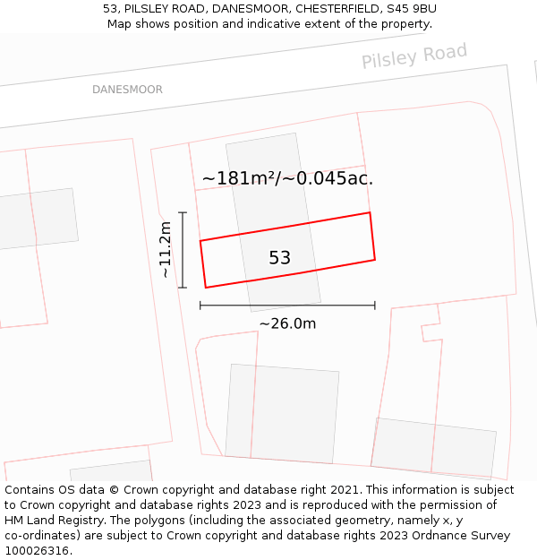 53, PILSLEY ROAD, DANESMOOR, CHESTERFIELD, S45 9BU: Plot and title map