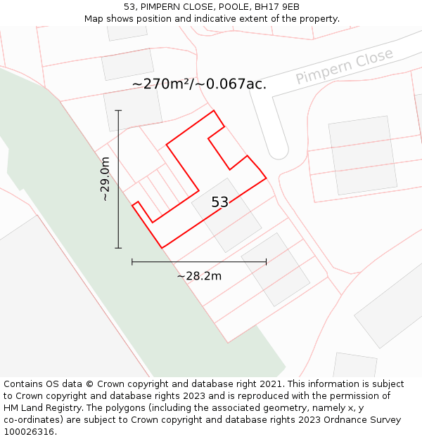 53, PIMPERN CLOSE, POOLE, BH17 9EB: Plot and title map