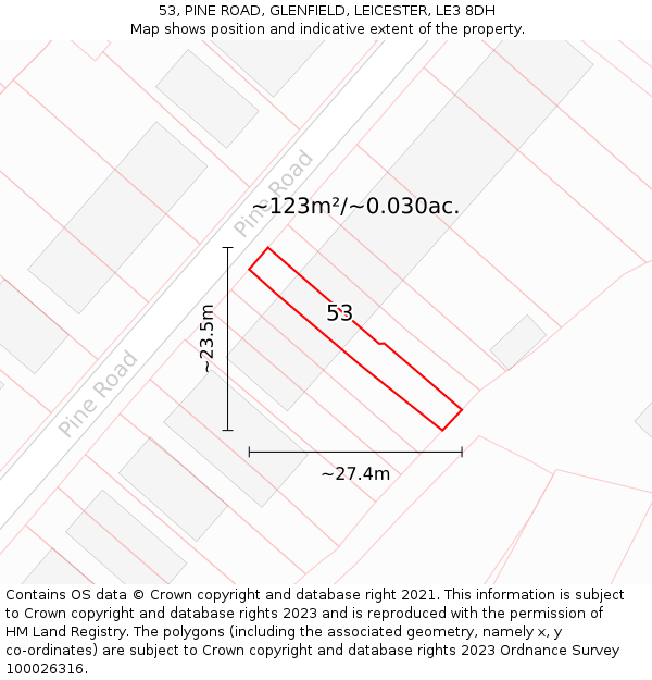 53, PINE ROAD, GLENFIELD, LEICESTER, LE3 8DH: Plot and title map