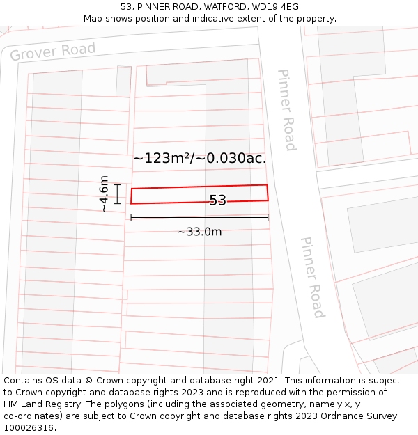 53, PINNER ROAD, WATFORD, WD19 4EG: Plot and title map