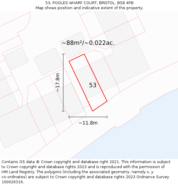 53, POOLES WHARF COURT, BRISTOL, BS8 4PB: Plot and title map