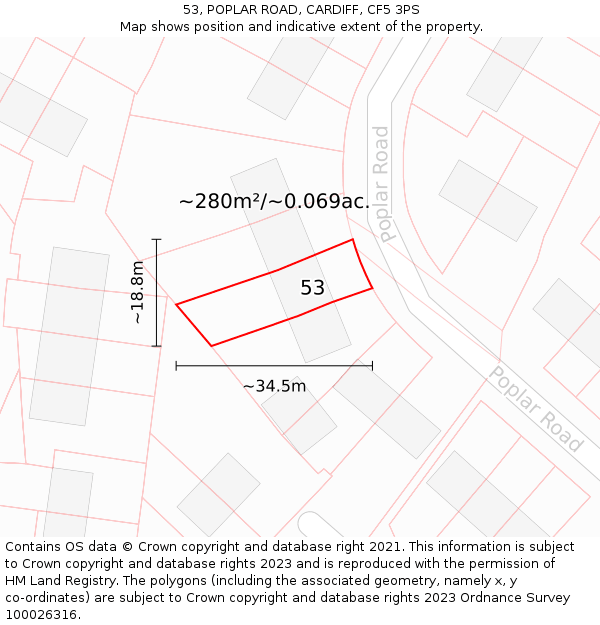 53, POPLAR ROAD, CARDIFF, CF5 3PS: Plot and title map