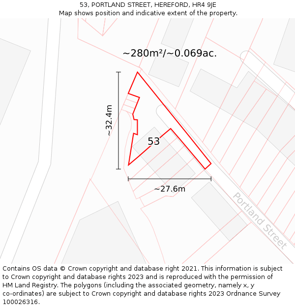 53, PORTLAND STREET, HEREFORD, HR4 9JE: Plot and title map