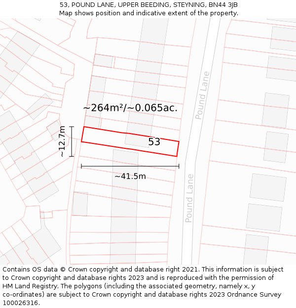 53, POUND LANE, UPPER BEEDING, STEYNING, BN44 3JB: Plot and title map