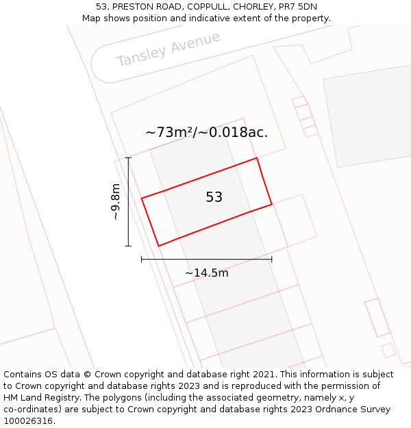 53, PRESTON ROAD, COPPULL, CHORLEY, PR7 5DN: Plot and title map