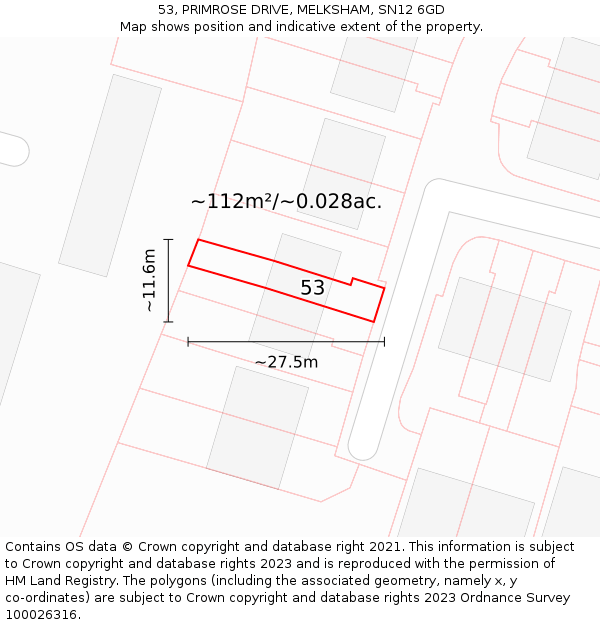53, PRIMROSE DRIVE, MELKSHAM, SN12 6GD: Plot and title map