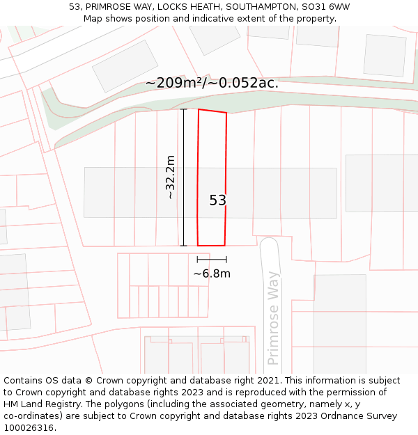 53, PRIMROSE WAY, LOCKS HEATH, SOUTHAMPTON, SO31 6WW: Plot and title map
