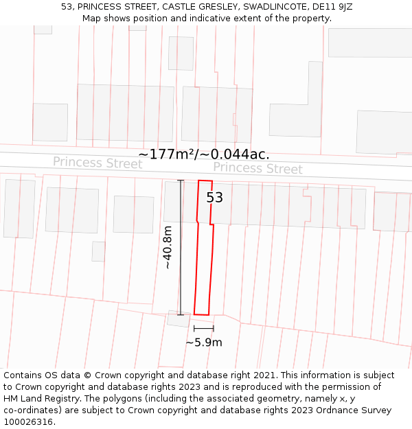 53, PRINCESS STREET, CASTLE GRESLEY, SWADLINCOTE, DE11 9JZ: Plot and title map