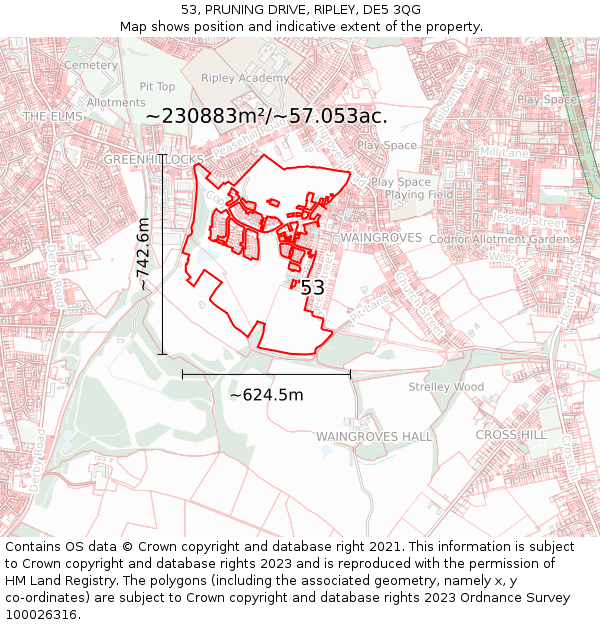 53, PRUNING DRIVE, RIPLEY, DE5 3QG: Plot and title map
