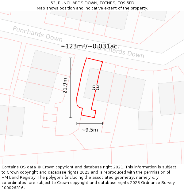 53, PUNCHARDS DOWN, TOTNES, TQ9 5FD: Plot and title map