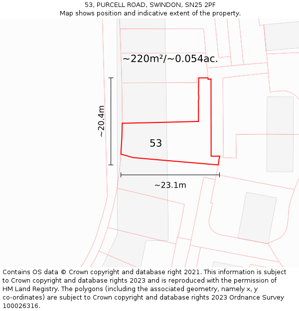 53, PURCELL ROAD, SWINDON, SN25 2PF: Plot and title map