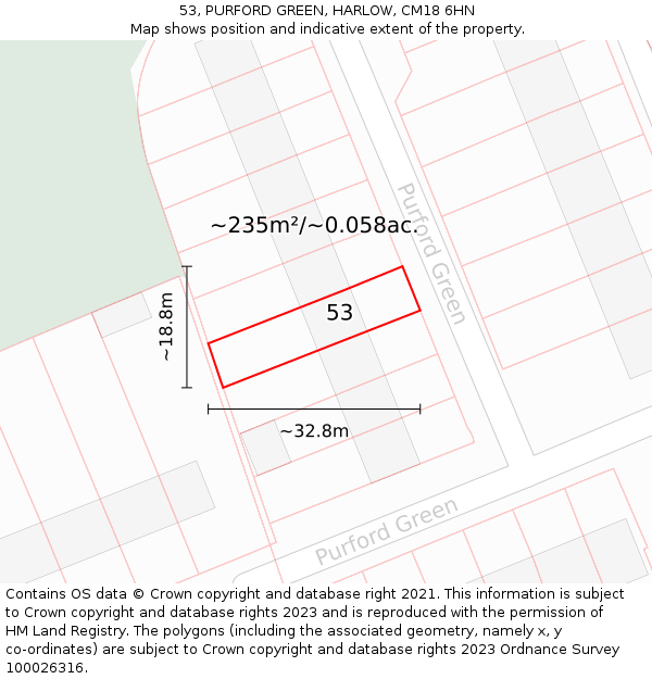 53, PURFORD GREEN, HARLOW, CM18 6HN: Plot and title map