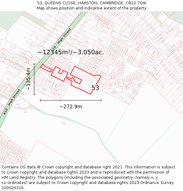 53, QUEENS CLOSE, HARSTON, CAMBRIDGE, CB22 7QW: Plot and title map