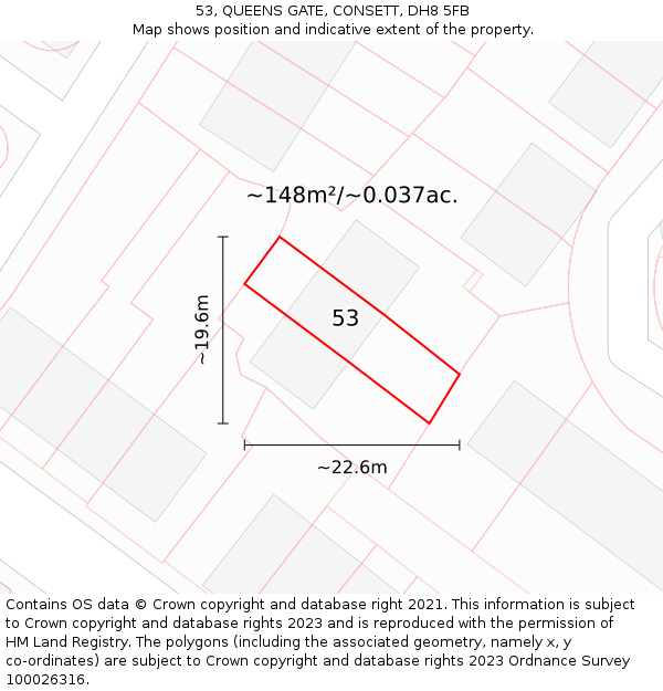 53, QUEENS GATE, CONSETT, DH8 5FB: Plot and title map