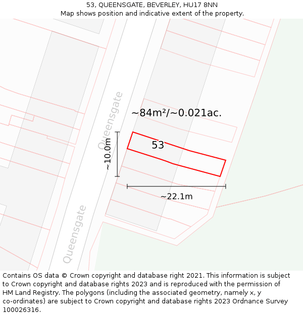 53, QUEENSGATE, BEVERLEY, HU17 8NN: Plot and title map