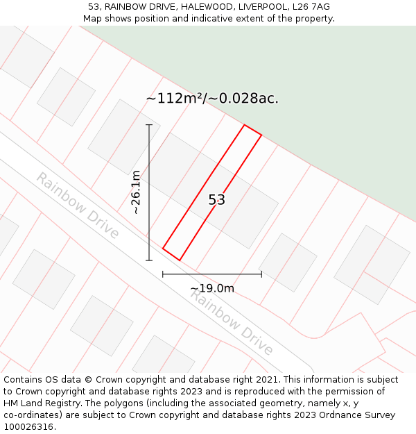 53, RAINBOW DRIVE, HALEWOOD, LIVERPOOL, L26 7AG: Plot and title map