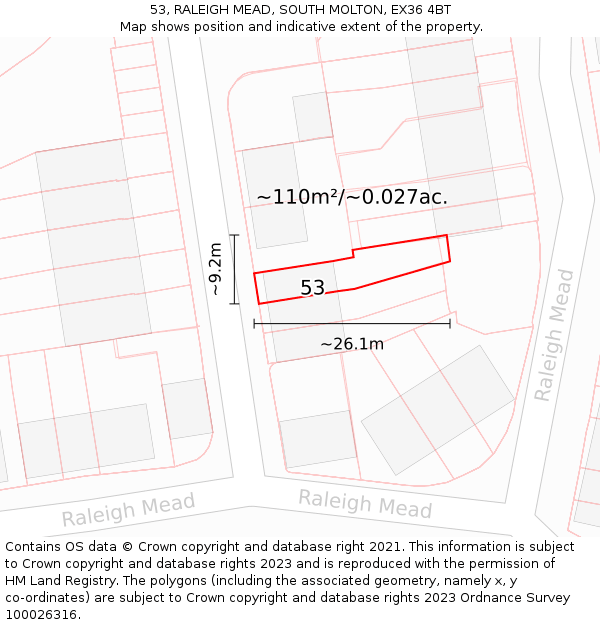 53, RALEIGH MEAD, SOUTH MOLTON, EX36 4BT: Plot and title map