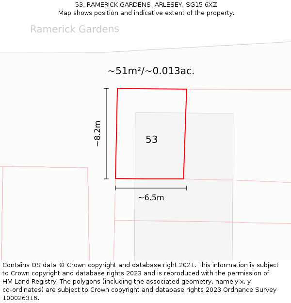 53, RAMERICK GARDENS, ARLESEY, SG15 6XZ: Plot and title map