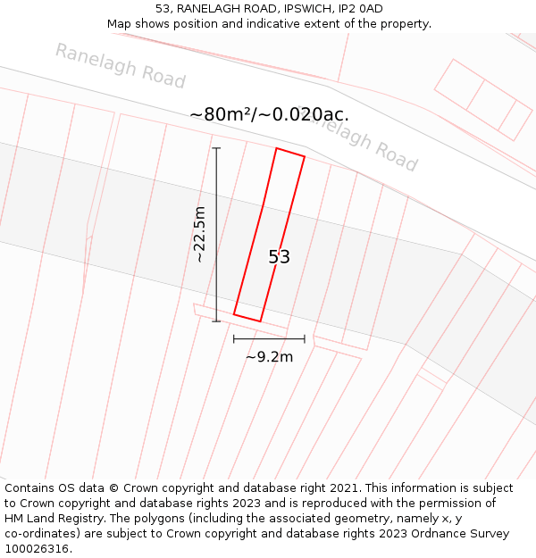 53, RANELAGH ROAD, IPSWICH, IP2 0AD: Plot and title map