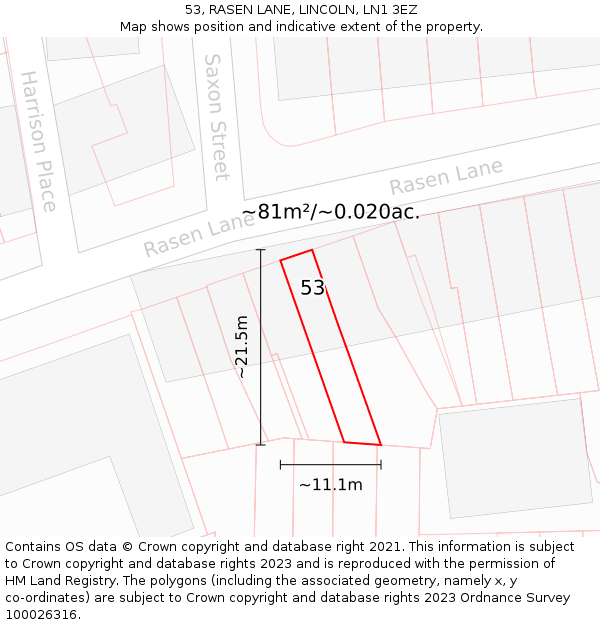 53, RASEN LANE, LINCOLN, LN1 3EZ: Plot and title map