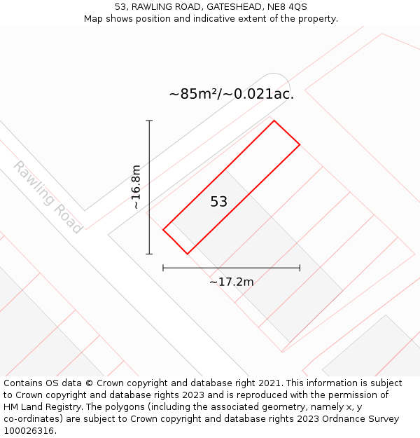 53, RAWLING ROAD, GATESHEAD, NE8 4QS: Plot and title map