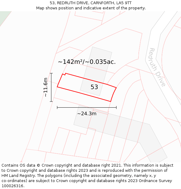 53, REDRUTH DRIVE, CARNFORTH, LA5 9TT: Plot and title map