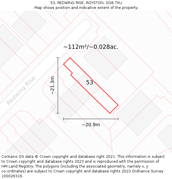 53, REDWING RISE, ROYSTON, SG8 7XU: Plot and title map