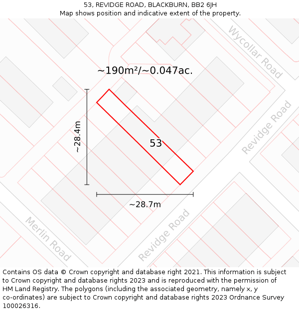 53, REVIDGE ROAD, BLACKBURN, BB2 6JH: Plot and title map