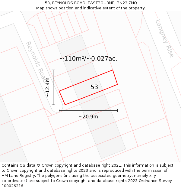 53, REYNOLDS ROAD, EASTBOURNE, BN23 7NQ: Plot and title map