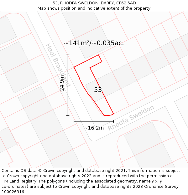 53, RHODFA SWELDON, BARRY, CF62 5AD: Plot and title map
