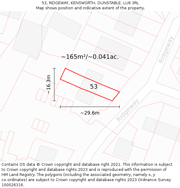 53, RIDGEWAY, KENSWORTH, DUNSTABLE, LU6 3RL: Plot and title map