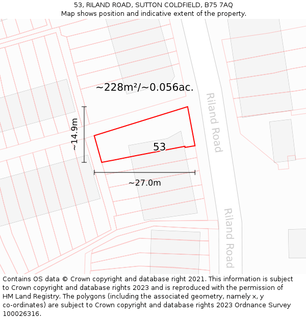 53, RILAND ROAD, SUTTON COLDFIELD, B75 7AQ: Plot and title map