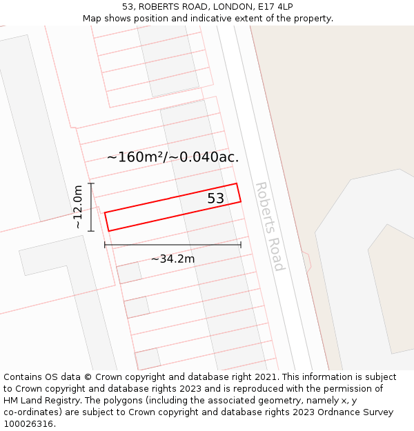53, ROBERTS ROAD, LONDON, E17 4LP: Plot and title map