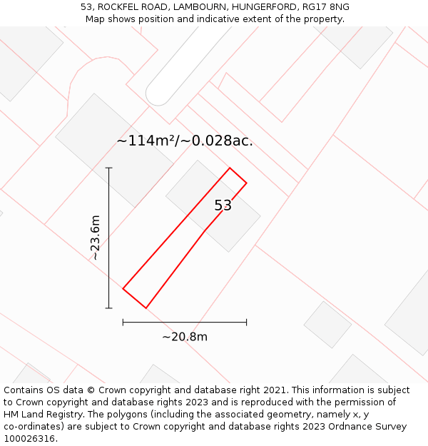 53, ROCKFEL ROAD, LAMBOURN, HUNGERFORD, RG17 8NG: Plot and title map