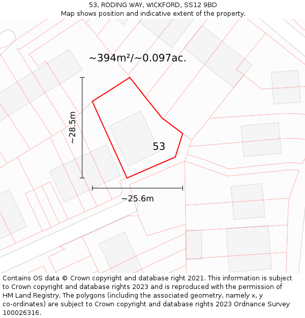 53, RODING WAY, WICKFORD, SS12 9BD: Plot and title map