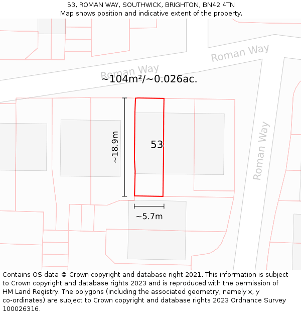 53, ROMAN WAY, SOUTHWICK, BRIGHTON, BN42 4TN: Plot and title map