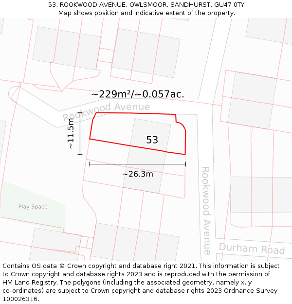 53, ROOKWOOD AVENUE, OWLSMOOR, SANDHURST, GU47 0TY: Plot and title map