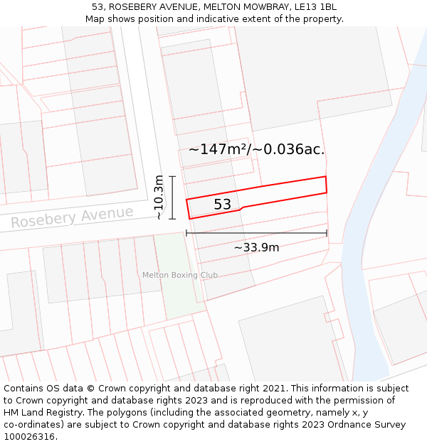 53, ROSEBERY AVENUE, MELTON MOWBRAY, LE13 1BL: Plot and title map