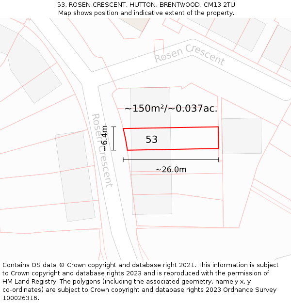 53, ROSEN CRESCENT, HUTTON, BRENTWOOD, CM13 2TU: Plot and title map