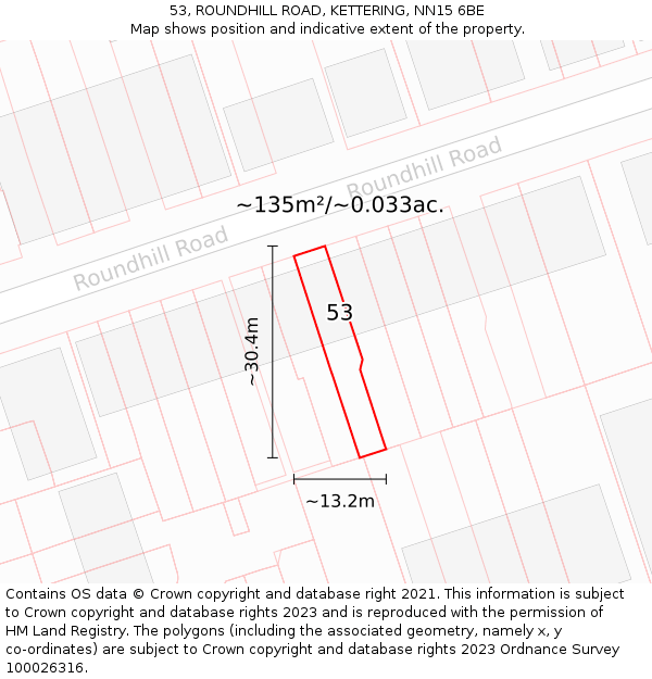 53, ROUNDHILL ROAD, KETTERING, NN15 6BE: Plot and title map