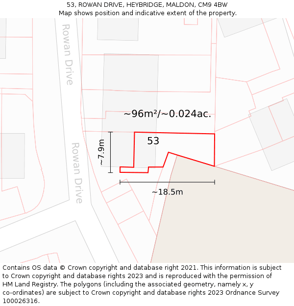 53, ROWAN DRIVE, HEYBRIDGE, MALDON, CM9 4BW: Plot and title map