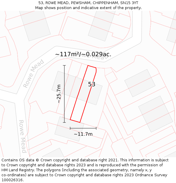 53, ROWE MEAD, PEWSHAM, CHIPPENHAM, SN15 3YT: Plot and title map