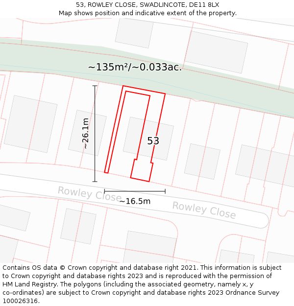 53, ROWLEY CLOSE, SWADLINCOTE, DE11 8LX: Plot and title map